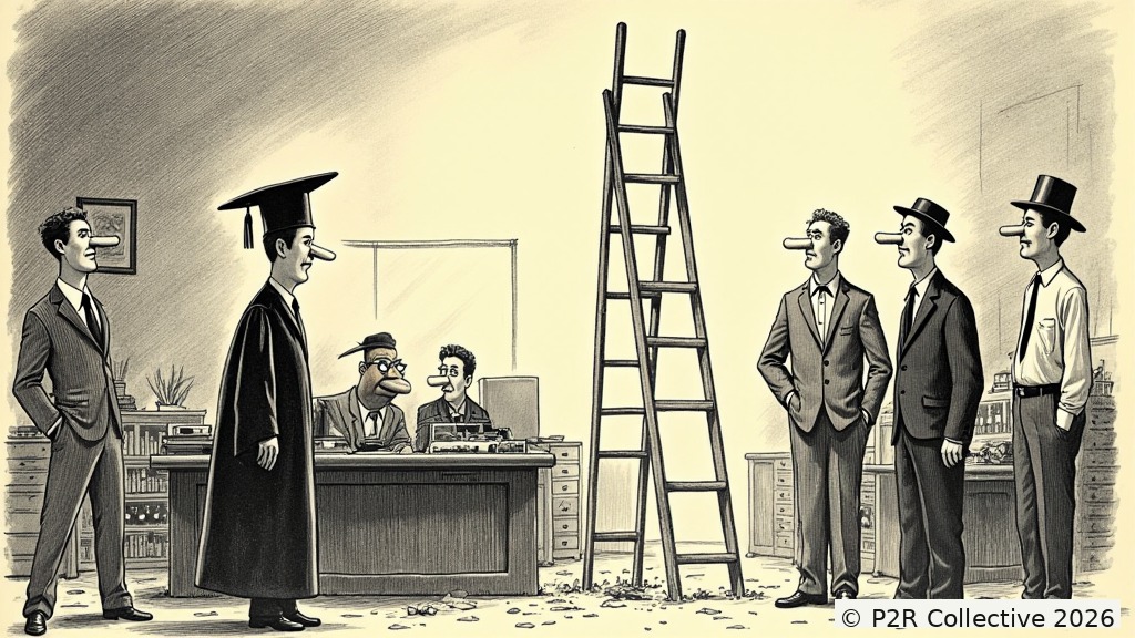 Editorial illustration for: AI Sawed Off the First Rung of the Career Ladder