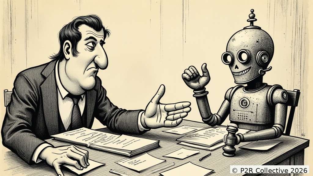 Editorial illustration for: Who Do You Sue When a Robot Lies?