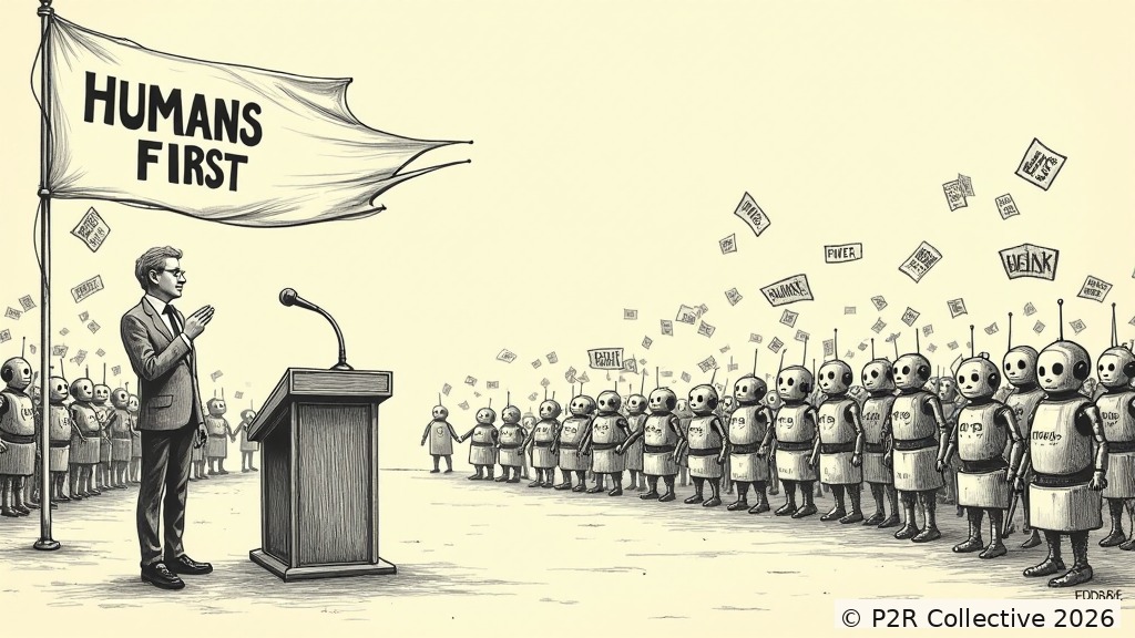 Editorial illustration for: The AI Drafted My Manifesto. The Rally Was Empty
