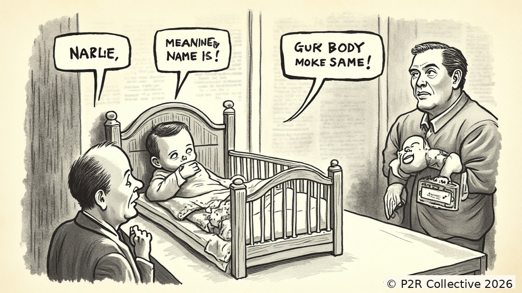 Editorial illustration for: The AI Named the Baby. We Went Along With It
