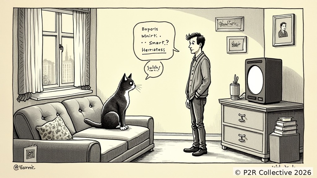 Editorial illustration for: The Assistant Named My Cat. The Cat Answers to It