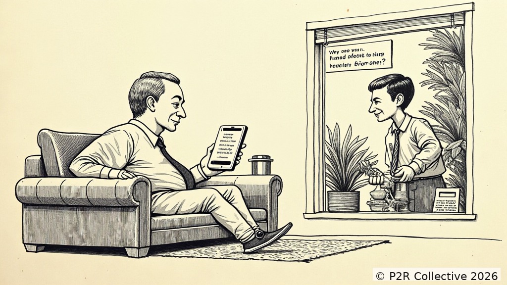 Editorial illustration for: The Bot Replaced My Therapist's Small Talk. I Miss the Small Talk