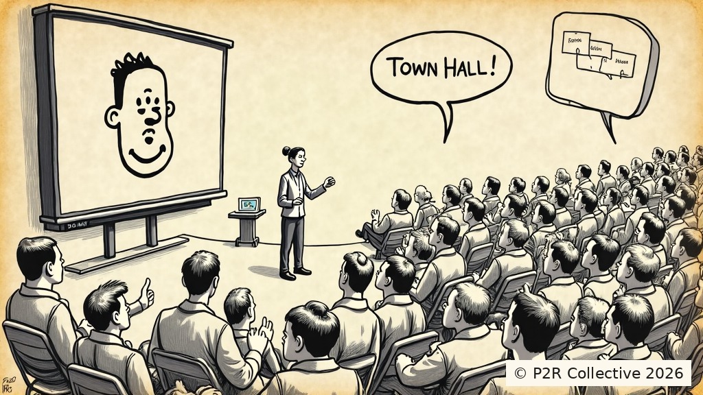 Editorial illustration for: The Bot That Ran the Town Hall and Nobody Raised a Hand