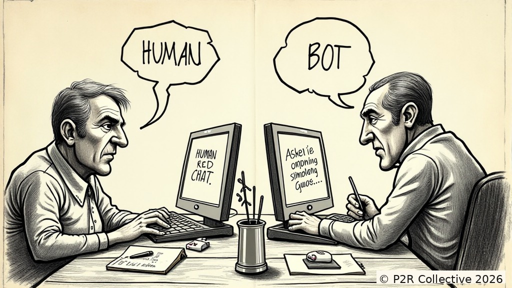 Editorial illustration for: The Chatbot Passed the Turing Test. I Was the One Being Tested