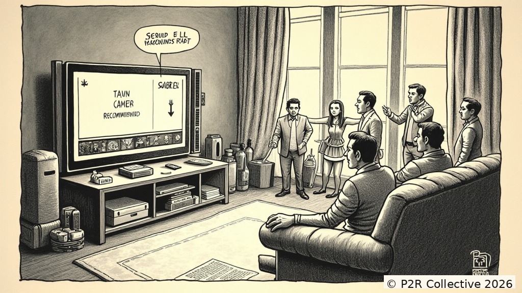 Editorial illustration for: The Smart TV Watches Me Watch. It Has Opinions
